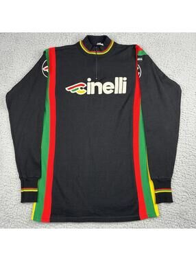 Vintage Cinelli Cycling Jersey Wool Italy Black Rasta Stripe 1/4 Zip Small